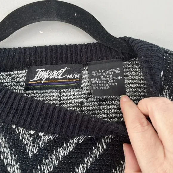Vintage 80s Impact Diamond Knit Sweater Black White Leather Patch Size Medium - Picture 4 of 6